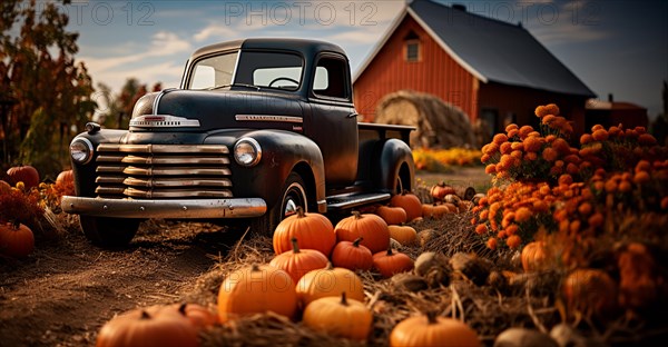 Pumpkins surround a vintage truck in a fall barn country setting