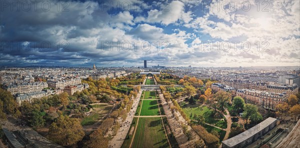 Panoramic view to the Paris cityscape from the Eiffel tower heights