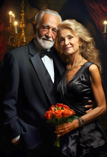 An elderly couple in a fine evening dress pose in the foyer in front of a visit to an opera