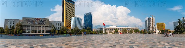 Panoramic view of the tourist attractions at Skanderbeg Square in Tirana. Albania