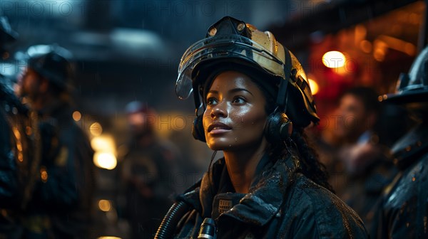 Female african american firefighter wearing protective helmet and gear at a fire incident