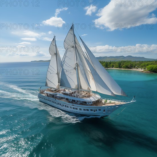 Aerial view modern multi-masted cruise sailing ship