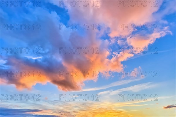 Altocumulus clouds are illuminated by the setting sun with warm coloured light