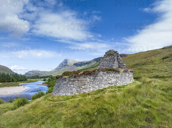 Aerial view of Dun Dornaigil Broch near Alltnacaillich in the Scottish Highlands