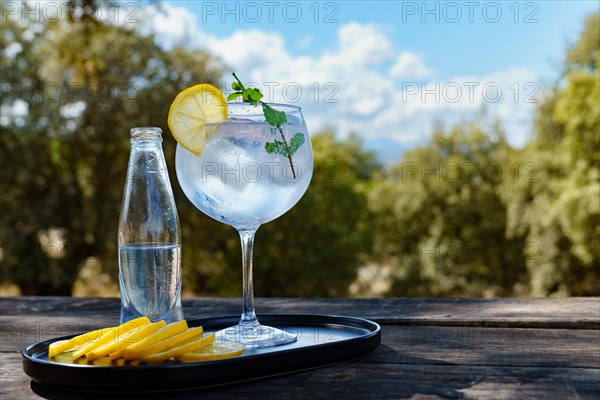 Glass of gin and tonic with ice