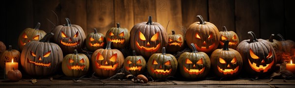 Spooky and fun collection of dozens of halloween carved pumpkins outside on hallows eve