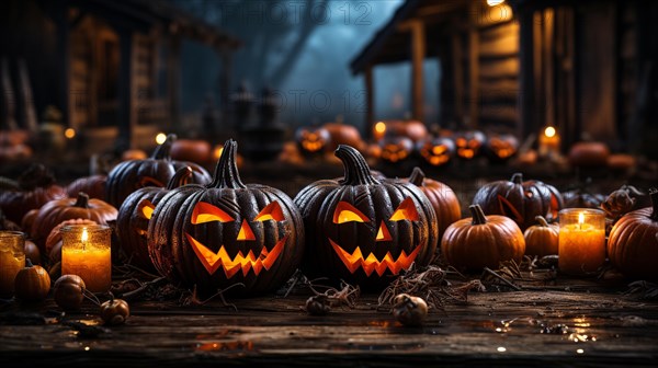 Spooky and fun collection of dozens of halloween carved pumpkins outside on hallows eve