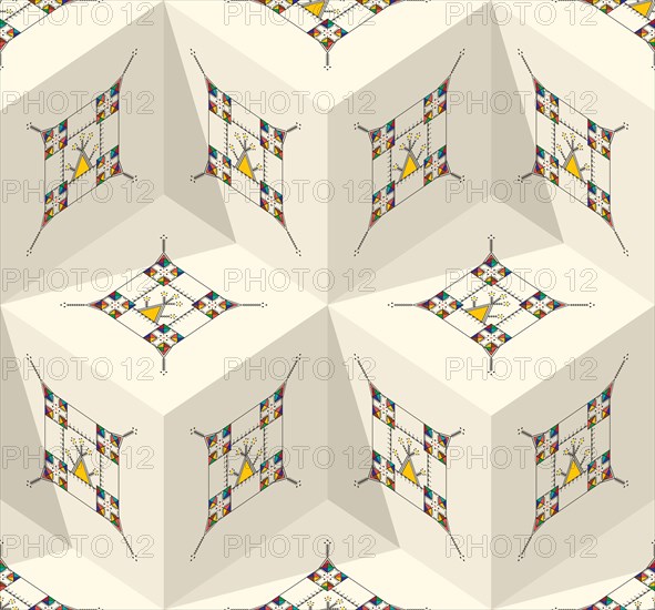 Decorative geometric repeating pattern inspired by Al-Qatt Al-Asiri traditional paintings