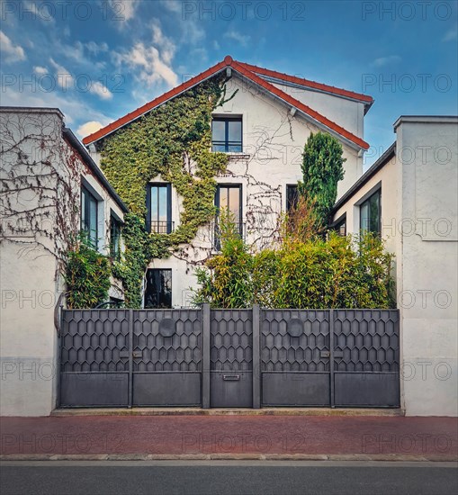 Green eco friendly home. House facade with different plants and trees growing in front of it. Environment