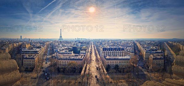 Wide angle Paris cityscape panorama with view to the Eiffel Tower