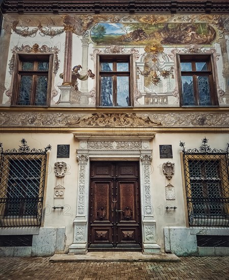 Beautiful painted walls and facade details of the Peles castle the royal residence in Sinaia