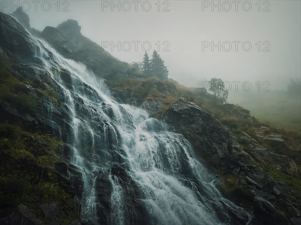 (Capra) waterfall on the Transfagarasan route in romanian Carpathians. Idyllic scene with a big river flowing down through the rocks in a misty autumn morning
