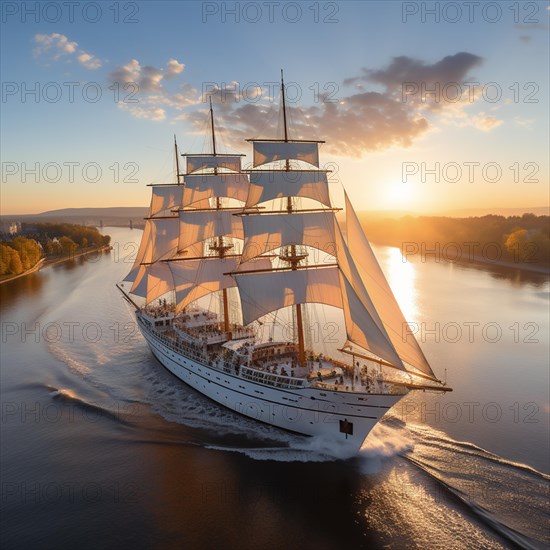 Aerial view modern multi-masted cruise sailing ship