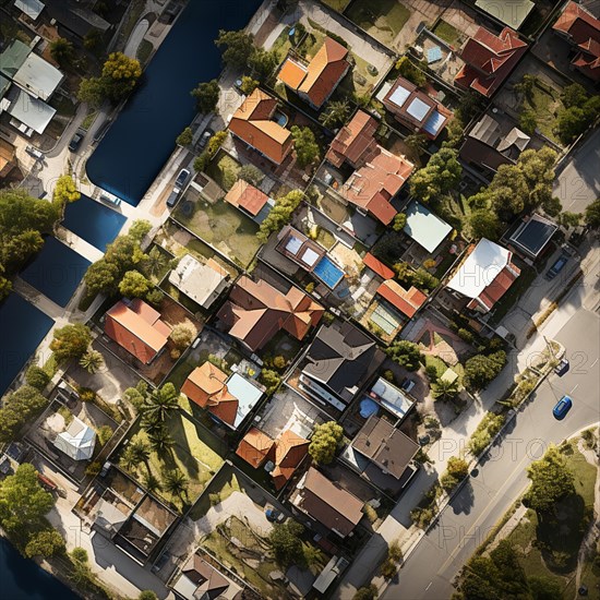 Aerial view of small settlement with terraced houses