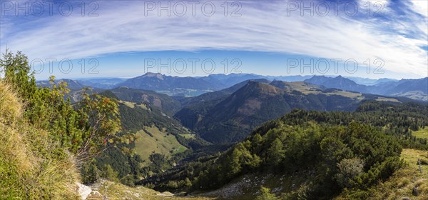 View from the summit of the Pitscherberg to the Wolfgangsee with Schafberg