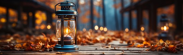 Warm and inviting lit vintage lantern resting on wood planks base outdoors in a fall setting