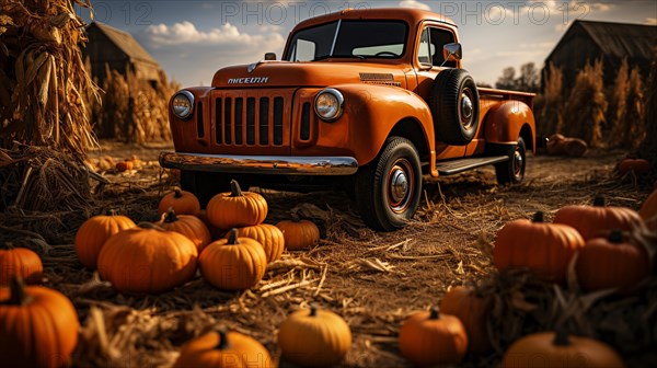 Pumpkins surround a vintage truck in a fall barn country setting