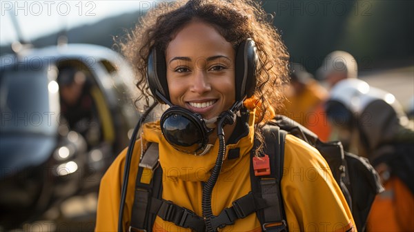 Female african american search and rescue helicopter pilot standing near her aircraft