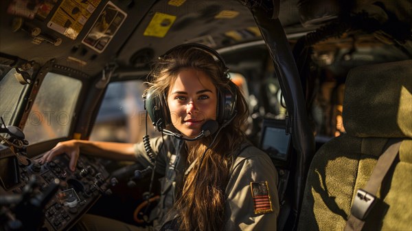 Female military helicopter pilot in the cockpit