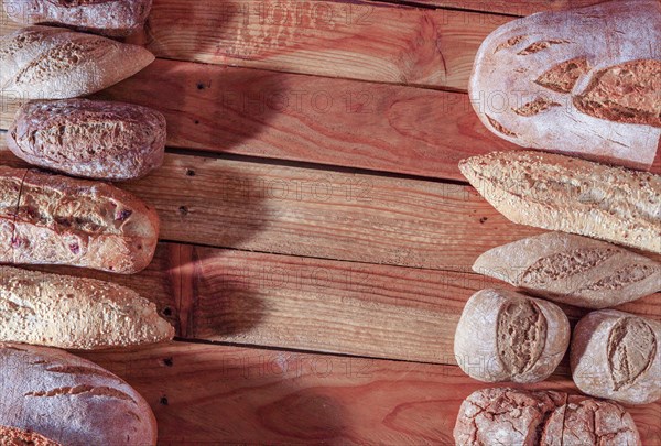 Different types of loaves and loaves of rustic artisan bread in a row on a wooden table with a copy space in the center
