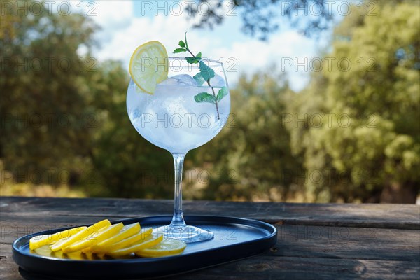 Glass with gin and tonic ice and slice of lemon on a tray with slices of lemon