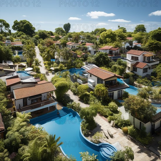 Aerial view of small settlement with terraced houses