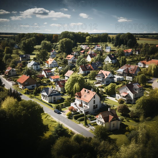 Aerial view of small settlement with terraced houses