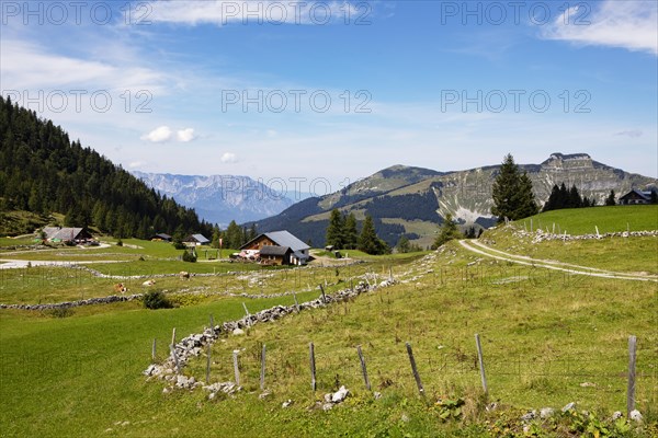 Almhuetteb on the Trattbergalm with view to the Untersberg