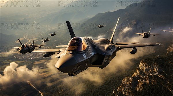 A lockheed martin F-35 fighter jet sqadron in formation