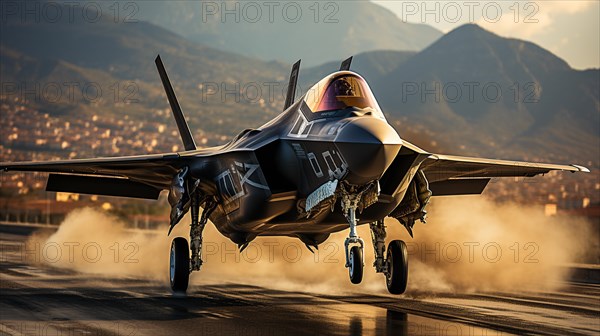 A lockheed martin F-35 fighter jet takes off of a runway