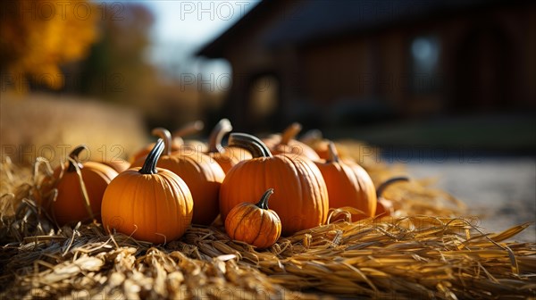 Dozens of orange fall and halloween pumpkins and hay decorating the country barn scene