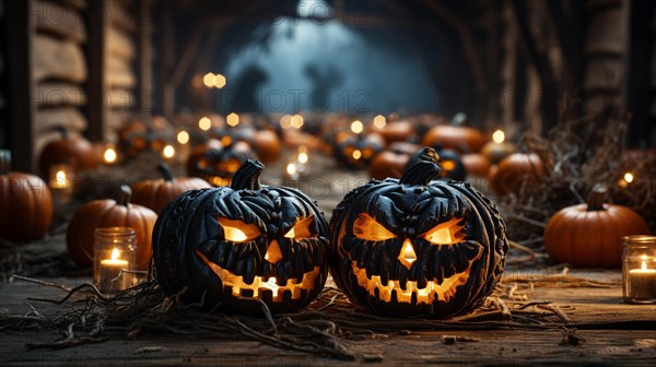 Spooky and fun collection of dozens of halloween carved pumpkins outside on hallows eve