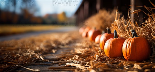 Dozens of orange fall and halloween pumpkins and hay decorating the country barn scene