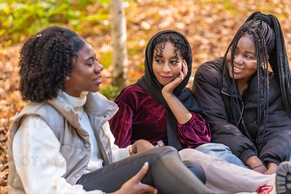 Three multi-ethnic students talking relaxed sitting on a park