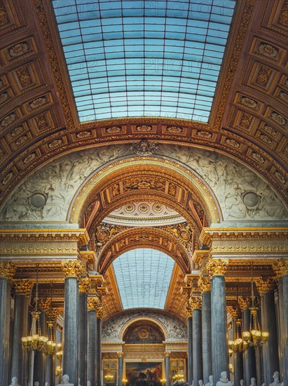 Architectural details of the Gallery of Great Battles hall inside Versailles palace