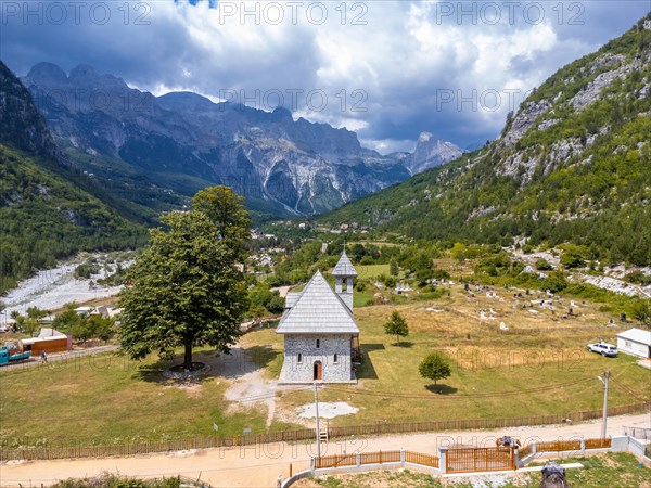 Aerial view over the Catholic Church in the valley of Theth National Park