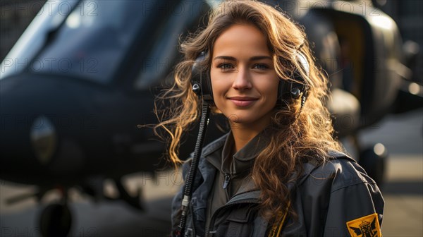 Female military helicopter pilot standing near her aircraft