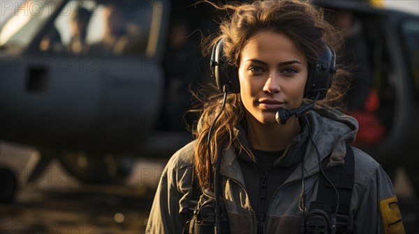 Female military helicopter pilot standing near her aircraft