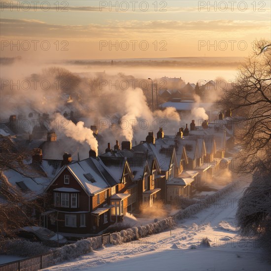 Aerial view of small settlement in winter with smoking chimneys