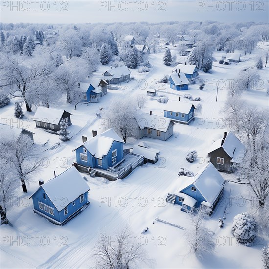 Aerial view of small settlement in winter with smoking chimneys