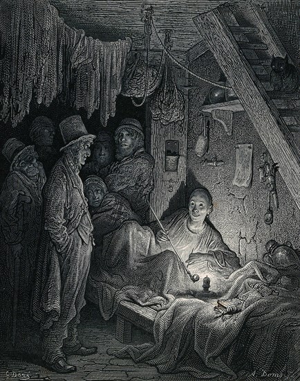 An opium den in London's East End with a reclining smoker watched by a group of men. Wood engraving by A. Doms