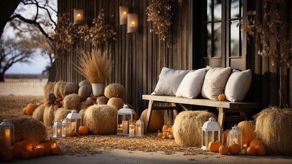 Fall and autumn beautifully decorated barn sitting area with pumpkins