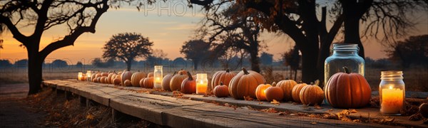 Spooky and fun collection of dozens of halloween carved pumpkins outside on hallows eve