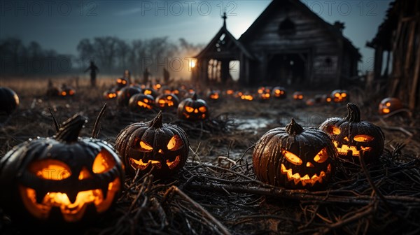 Spooky and fun collection of dozens of halloween carved pumpkins outside on hallows eve