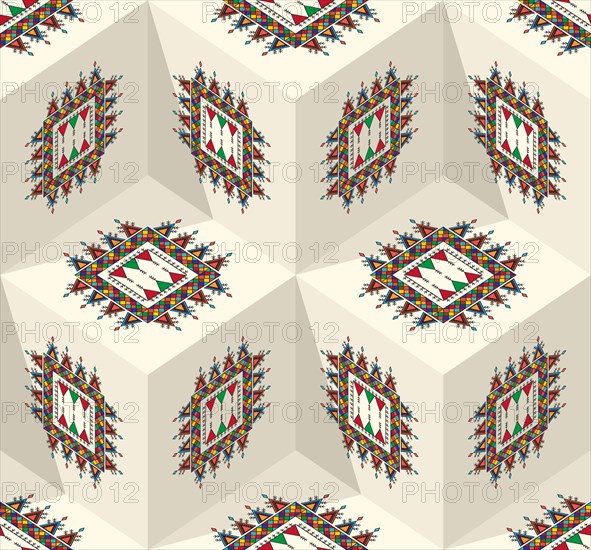 Decorative geometric repeating pattern inspired by Al-Qatt Al-Asiri traditional paintings