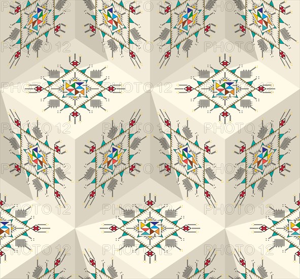 Decorative geometric repeating pattern inspired by Al-Qatt Al-Asiri traditional paintings