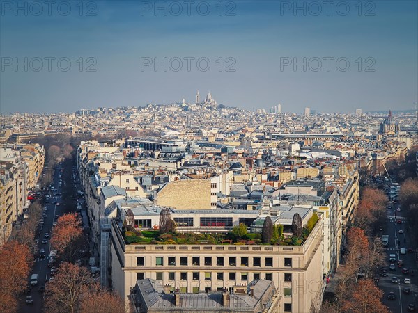 Aerial Paris cityscape with view to Sacre Coeur Basilica of the Sacred Heart