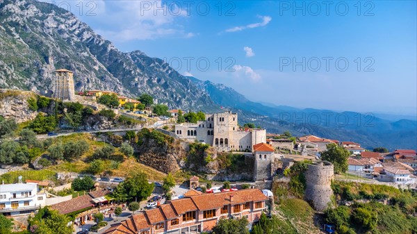 Aerial drone view of Kruje Castle and its fortress