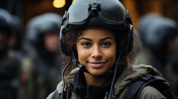 Female african american military helicopter pilot standing near her aircraft