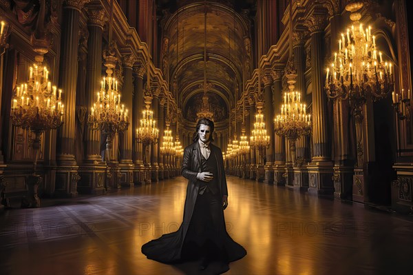 The Legendary Phantom of the Opera walking in the great gallery of the Paris Opera